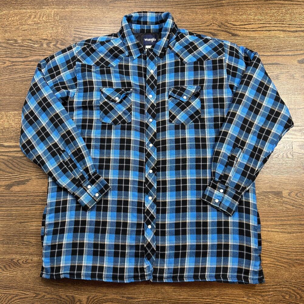 Vtg Wrangler Shirt Jacket Men 2XLT Blue Plaid Quilted Flannel Pearl Snap Western